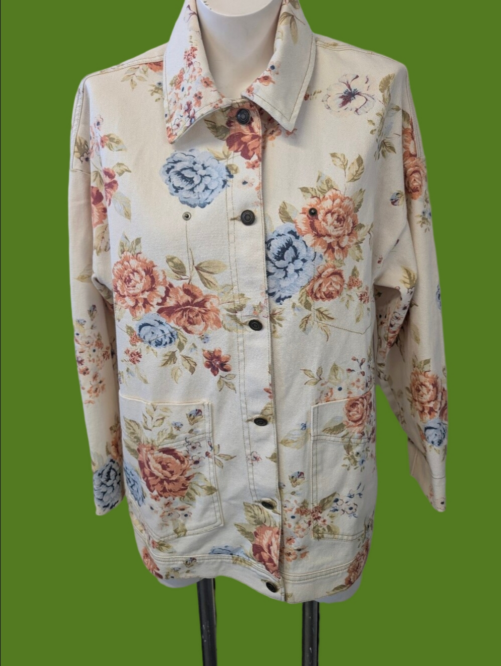 Blu Pepper Barn Jacket Floral Print Button-Front Jacket Cream Pink Blue Flowers